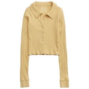 Aerie Yellow Ribbed Collared Long Sleeve Cropped Henley Shrunken Baby Tee